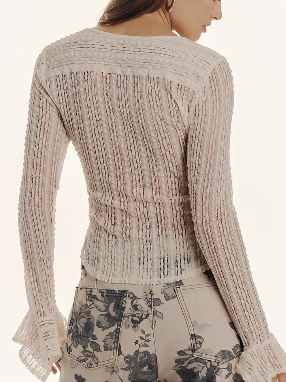 Anthropologie Sheer Lace Long Sleeve Top